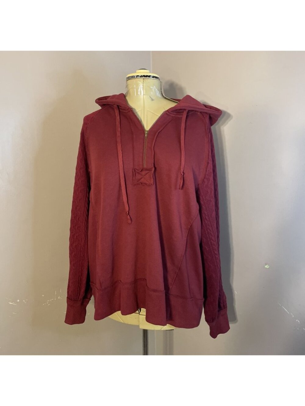 Bibi Factory Hooded Sweatshirt Hvywt Red L Oversized Raglan Cable Knit Sleeve